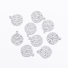 Honeyhandy Flat Round Brass Flower Filigree Findings Charms Pendants, Silver Color Plated, 15x13x0.5mm, Hole: 1mm