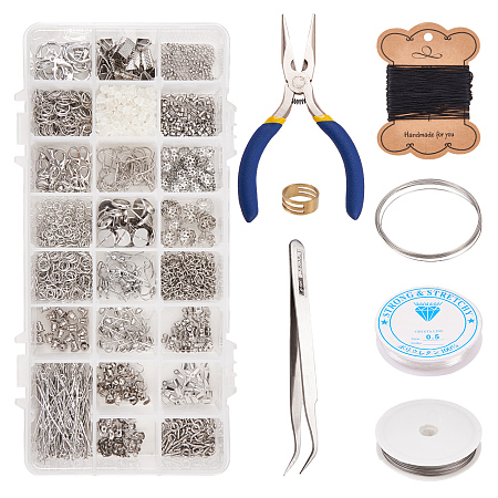 PandaHall Elite Super Jewelry Making Kit Jewelry Repair Tools with Accessories, Beading Wires Tweezers, Pliers, Threads, Earring Findings(31 Jewelry Findings), Silver
