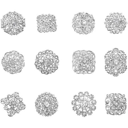 Arricraft 12 pcs Clear Rhinestone Crystal Flower Brooches Pins for Wedding Party Bouquet Broaches Kit Women Dress Decorations, Silver