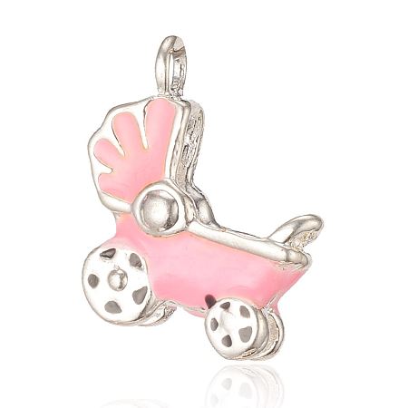 Baby Carriage Alloy Enamel Pendants, with Rhinestone, Silver Color Plated, Pink, 22x19x6mm, Hole: 2mm