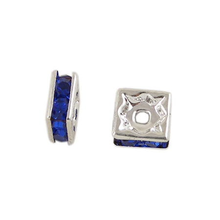 Honeyhandy Brass Rhinestone Spacer Beads, Beads, Square, Nickel Free, Sapphire, Silver Color Plated, 6mmx6mmx3mm, hole: 1mm