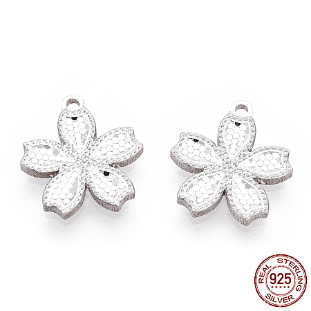 925 Sterling Silver Charms, Flower, Silver, 13x12x1.5mm, Hole: 1mm