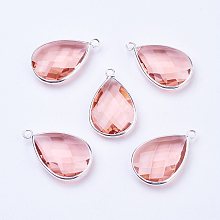 Honeyhandy Silver Color Plated Brass Glass Teardrop Pendants, Faceted, Misty Rose, 18x10x5mm, Hole: 2mm