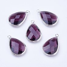 Honeyhandy Silver Color Plated Brass Glass Teardrop Pendants, Faceted, Purple, 18x10x5mm, Hole: 2mm