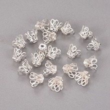 Honeyhandy Plated Iron Bell Filigree Bead Caps, Flower, 4-Petal, Silver, 9x6mm, Hole: 1.5mm