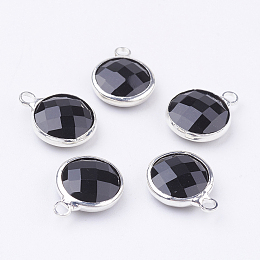 Honeyhandy Silver Color Plated Brass Glass Flat Round Charms, Faceted, Black, 12x8.5x3mm, Hole: 1.5mm