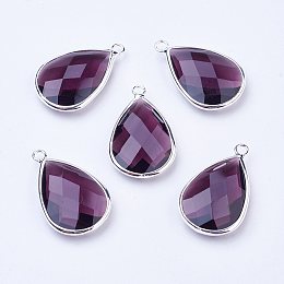 Honeyhandy Silver Color Plated Brass Glass Teardrop Pendants, Faceted, Purple, 18x10x5mm, Hole: 2mm