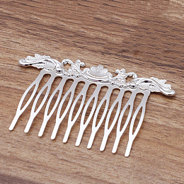 Honeyhandy Iron Hair Combs Findings, with Brass Flower, Silver, 75x48x3mm