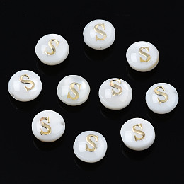 Honeyhandy Natural Freshwater Shell Beads, with Golden Plated Brass Etched Metal Embellishments, Flat Round with Letter, Seashell Color, Letter.S, 6x4mm, Hole: 0.8mm