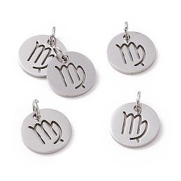 Honeyhandy 304 Stainless Steel Charms, Flat Round with Constellation/Zodiac Sign, Virgo, 12x1mm, Hole: 3mm