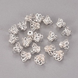 Honeyhandy Plated Iron Bell Filigree Bead Caps, Flower, 4-Petal, Silver, 9x6mm, Hole: 1.5mm