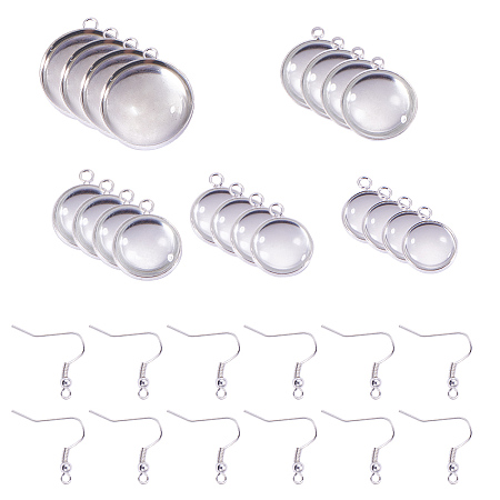PandaHall Elite 20 Pcs Iron Earring Wire Hooks with Pendant Tray Bezel Cabochon Settings and Flat Round Clear Glass Dome Tiles 5 Sizes for Jewelry Making