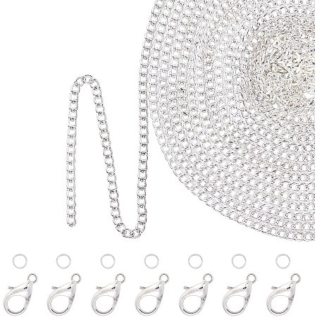 PH PandaHall 32 Feet Silver Cross Cable Chain Necklace 2mm, 32 Feet 2.5mm Curb Link Chain with 30 Lobster Clasps, 100pcs Jump Rings for Necklace Jewelry Making