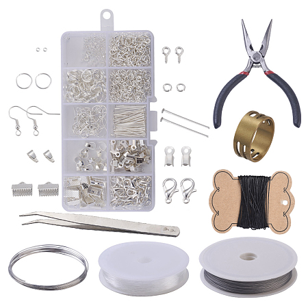 Arricraft DIY Jewelry Sets, Brass Crimp Beads and Iron Findings, with Tools, Silver Color Plated, 13x6.8x2.1cm