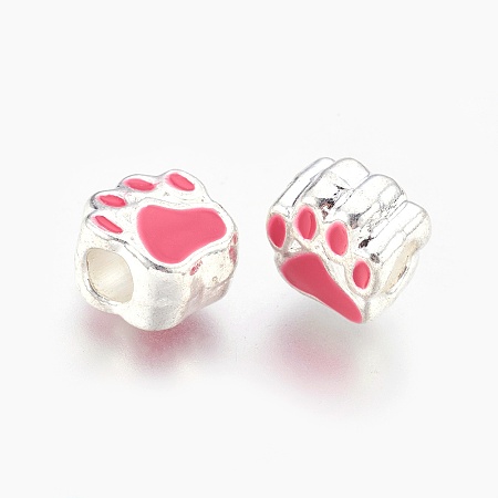 Alloy Enamel European Beads, Large Hole Beads, Dog Paw Print, Silver Color Plated, Hot Pink, 11x10x7mm, Hole: 4.5mm