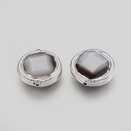 Black Lip Shell Beads, Edge Plated, Faceted, Flat Round, Platinum, 14~14.5x4.5~5mm, Hole: 0.8mm