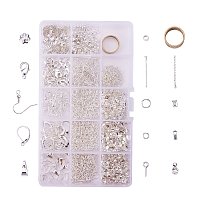 PandaHall Elite About 1642 Pcs Jewelry Making Findings Kits with Cord Ends Lobster Claw Clasps Jump Rings Headpins Earring Bead Caps Pinch Bails Twist Chain Links 174x100x21.5mm Silver