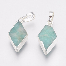 Honeyhandy Natural Amazonite Pendants, with Brass Findings, Rhombus, Silver Color Plated, 18x9x4~4.5mm, Hole: 4x6mm