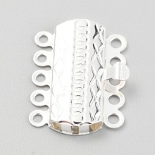 Honeyhandy 304 Stainless Steel Box Clasps, Multi-Strand Clasps, 5-Strands, 10-Holes, Rectangle with Flower, Silver, 19.5x14x3mm, Hole: 1.4mm