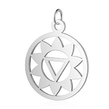 Honeyhandy 304 Stainless Steel Pendants, Chakra, Manipura, Flat Round with Flower, Stainless Steel Color, 22.5x19x1mm, Hole: 3mm