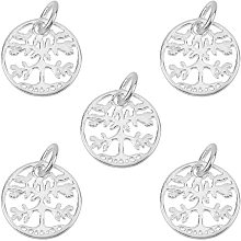 CHGCRAFT 5pcs 925 Sterling Silver Pendant Charms Flat Round with Tree of Life Silver Charm with Jump Ring for Jewelry Making Hole 0.12inch