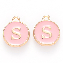 Honeyhandy Golden Plated Alloy Enamel Charms, Cadmium Free & Lead Free, Enamelled Sequins, Flat Round with Letter, Pink, Letter.S, 14x12x2mm, Hole: 1.5mm