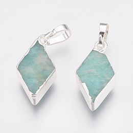 Honeyhandy Natural Amazonite Pendants, with Brass Findings, Rhombus, Silver Color Plated, 18x9x4~4.5mm, Hole: 4x6mm