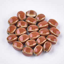 Honeyhandy Handmade Porcelain Beads, Fancy Antique Glazed Porcelain, Oval, Chocolate, 12~14x9~10.5x9~11mm, Hole: 2.5mm