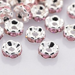 Honeyhandy Brass Rhinestone Spacer Beads, Grade A, Wavy Edge, Silver Color Plated, Rondelle, Light Rose, 6x3mm, Hole: 1mm