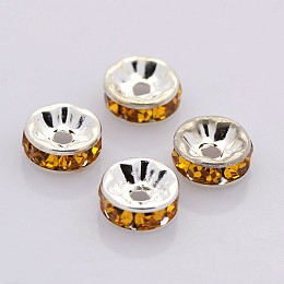 Honeyhandy Brass Rhinestone Spacer Beads, Grade A, Straight Flange, Silver Color Plated, Rondelle, Topaz, 8x3.8mm, Hole: 1.5mm