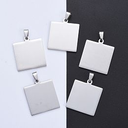 Honeyhandy 304 Stainless Steel Pendants, Manual Polishing, Blank Stamping Tags, Square, Stainless Steel Color, 35x30x1.8mm, Hole: 4.5x9mm