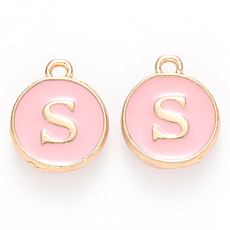 Honeyhandy Golden Plated Alloy Enamel Charms, Cadmium Free & Lead Free, Enamelled Sequins, Flat Round with Letter, Pink, Letter.S, 14x12x2mm, Hole: 1.5mm