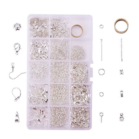 PandaHall Elite About 1642 Pcs Jewelry Making Findings Kits with Cord Ends Lobster Claw Clasps Jump Rings Headpins Earring Bead Caps Pinch Bails Twist Chain Links 174x100x21.5mm Silver