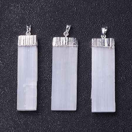 Honeyhandy Natural Selenite Big Pendants, Rectangle Charms, with Rack Plating Brass Findings, Silver, 52~61x14~19x5~7mm, Hole: 8x5mm