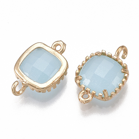 Honeyhandy Glass Links connectors, with Brass Findings, Imitation Jade, Faceted, Square, Golden, Light Blue, 14.5x9.5x3.5mm, Hole: 0.8~1.2mm