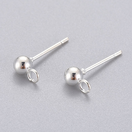 Honeyhandy 304 Stainless Steel Stud Earring Findings, with Loop, Round, Silver Color Plated, 15x7x4mm, Hole: 1.7mm, Pin: 0.8mm