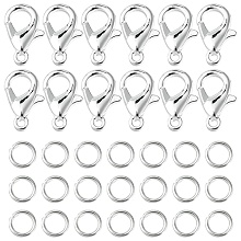 Honeyhandy 50Pcs Zinc Alloy Lobster Claw Clasps, Parrot Trigger Clasps, with 150Pcs Iron Open Jump Rings, Silver, 12x6mm, Hole: 1.2mm