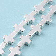 Electroplated Non-magnetic Synthetic Hematite Beads Strands, Religion Cross, Silver Plated, 14x10x4mm, Hole: 1mm, about 28pcs/strand, 15.75 inch(40cm)