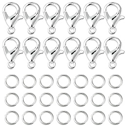 Honeyhandy 50Pcs Zinc Alloy Lobster Claw Clasps, Parrot Trigger Clasps, with 150Pcs Iron Open Jump Rings, Silver, 12x6mm, Hole: 1.2mm