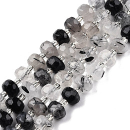 Honeyhandy Natural Black Rutilated Quartz Beads Strands, with Seed Beads, Faceted, Rondelle, 8x6mm, Hole: 1mm, about 20~22pcs/strand, 7.09 inch(18cm)