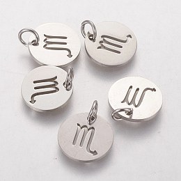 Honeyhandy 304 Stainless Steel Charms, Flat Round with Constellation/Zodiac Sign, Scorpio, 12x1mm, Hole: 3mm