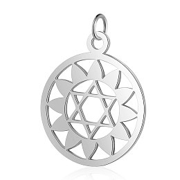 Honeyhandy 304 Stainless Steel Pendants, Chakra, Anahata, for Jewish, Flat Round with Flower & Star of David, Stainless Steel Color, 22.5x19x1mm, Hole: 3mm