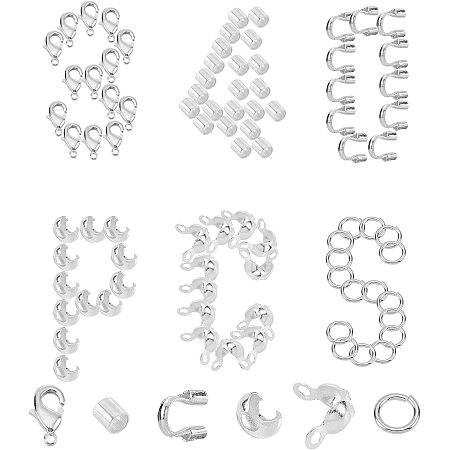 SUNNYCLUE 1 Box 340pcs Jewelry Findings Kit Bead Tips & Crimp Beads End Tips & Wire Guardian & Jump Rings & Lobster Claw Clasps Jewelry Making Supplies, Silver
