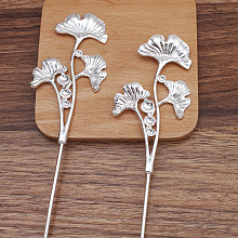 Honeyhandy Iron Hair Stick Findings, with Alloy Cabochons Setting, Leaf, Silver, 120x2.5mm, Tray: 6mm and 8mm and 10mm