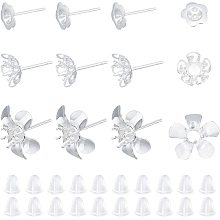 UNICRAFTALE About 30pcs 3 Styles Silver Flower Stud Earrings with Plastic Ear Nuts Hypoallergenic Earrings 0.7mm Pin Stainless Steel Stud Earring Findings for DIY Jewellery Making