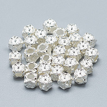 Honeyhandy 925 Sterling Silver Beads, Cube with Flower, Silver, 4.5x5x5mm, Hole: 2.5mm