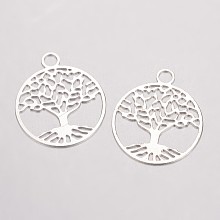 Honeyhandy Brass Filigree Pendants, Flat Round with Tree of Life, Silver Color Plated, 23.5x20x0.5mm, Hole: 3mm