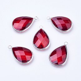 Honeyhandy Silver Color Plated Brass Glass Teardrop Pendants, Faceted, Dark Red, 18x10x5mm, Hole: 2mm