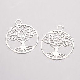 Honeyhandy Brass Filigree Pendants, Flat Round with Tree of Life, Silver Color Plated, 23.5x20x0.5mm, Hole: 3mm