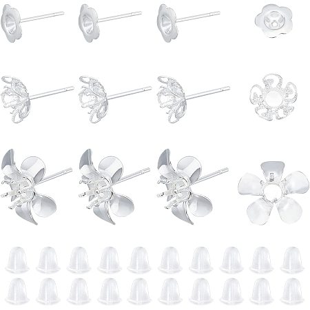 UNICRAFTALE About 30pcs 3 Styles Silver Flower Stud Earrings with Plastic Ear Nuts Hypoallergenic Earrings 0.7mm Pin Stainless Steel Stud Earring Findings for DIY Jewellery Making